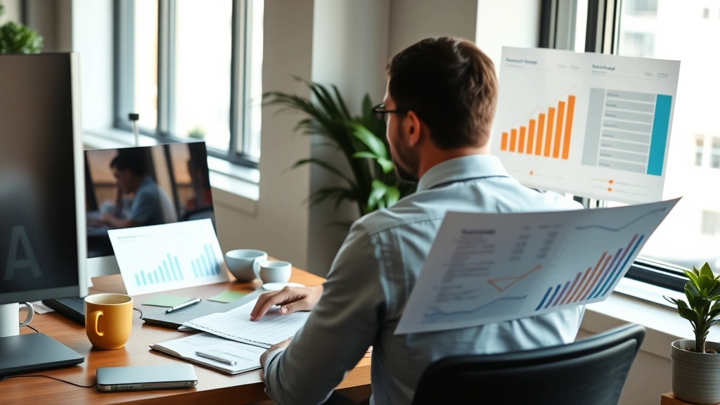 Founder at desk reviewing financial statements and growth charts, morning coffee nearby, natural window light, focused expression, modern startup office environment