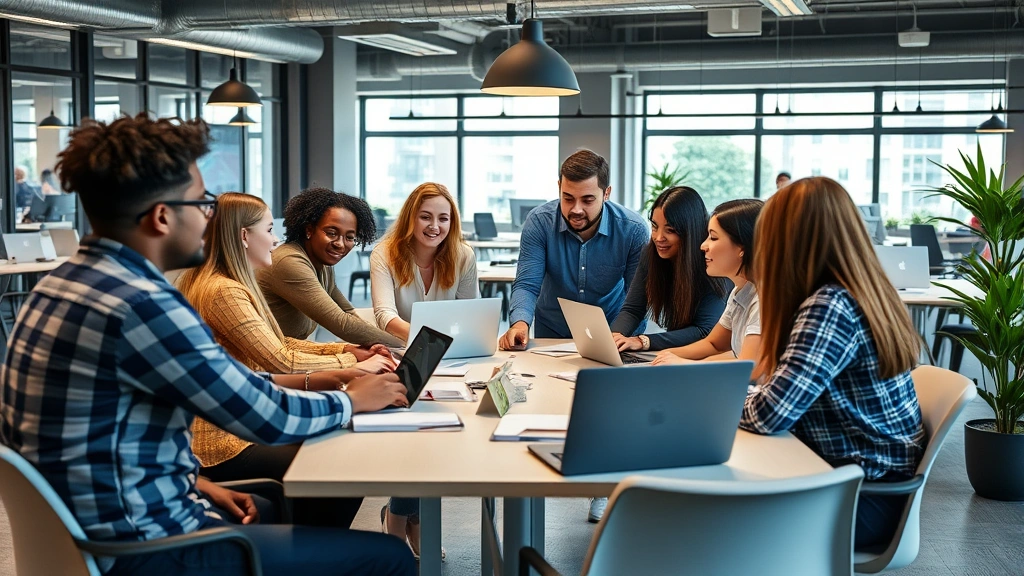 Diverse team collaborating in open workspace, people discussing strategy around table with laptops and notebooks, engaged and energetic, contemporary office setting