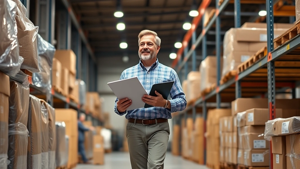 Founder walking through warehouse or operational space, checking inventory or product, clipboard in hand, practical business environment, purposeful body language