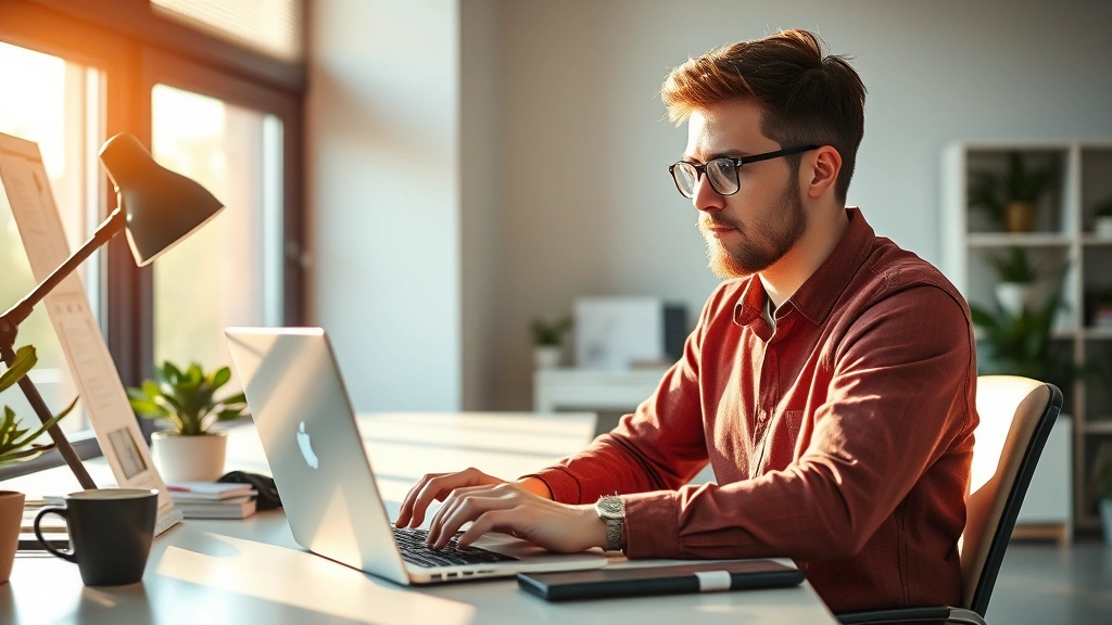 Founder working at laptop in startup office, early morning light, focused expression, coffee cup nearby, minimalist desk setup