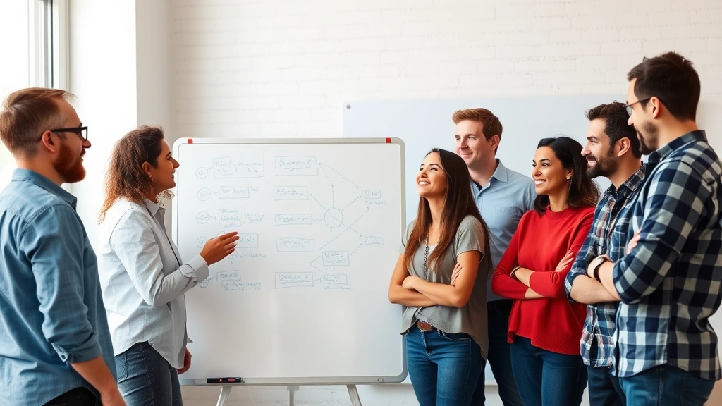 Diverse early-stage team in brainstorming session, standing around whiteboard, energetic and collaborative atmosphere, natural lighting