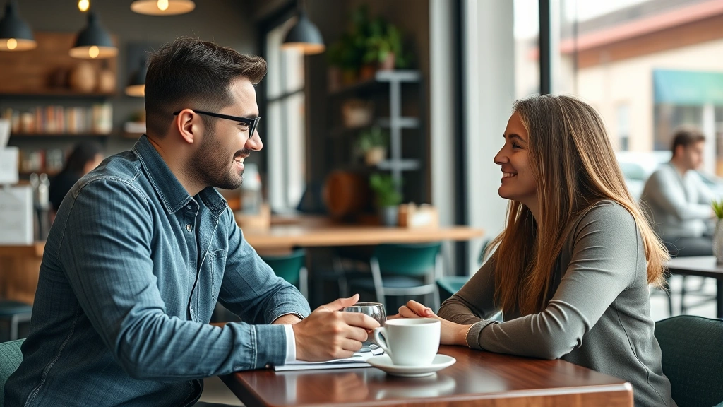 Entrepreneur meeting with customer for feedback session, casual coffee shop setting, both engaged in conversation, genuine interaction