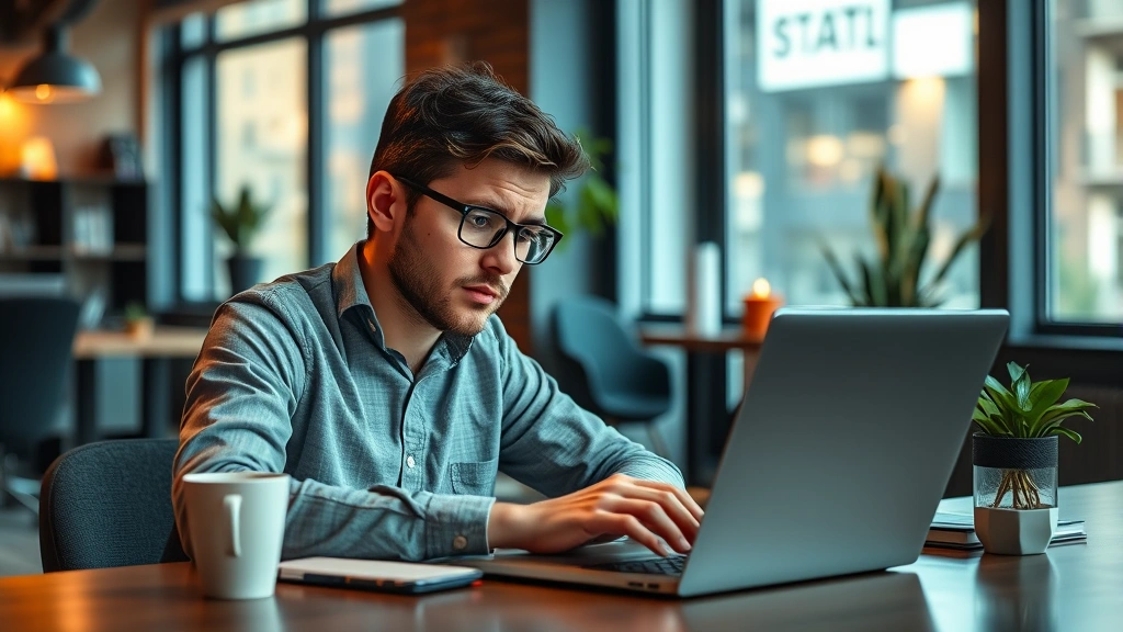 Founder working late at desk with financial spreadsheets and laptop, natural lighting, tired but focused expression, coffee cup nearby, modern startup office space