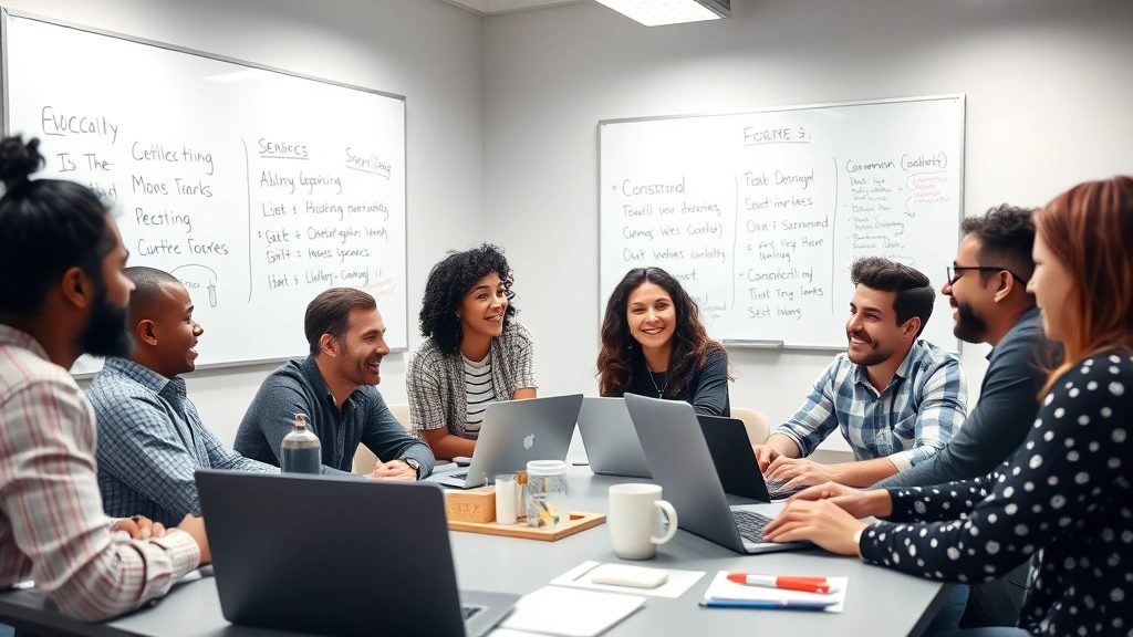 Diverse team having an animated discussion in a casual meeting room, whiteboards on walls behind them, collaborative energy, sitting around a table with laptops