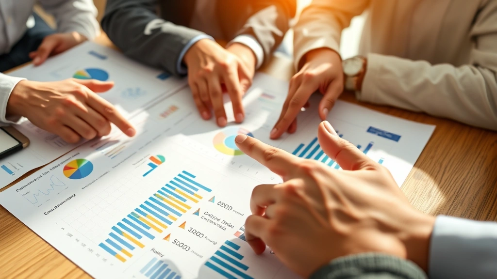 Close-up of hands pointing at growth charts and metrics on a desk, multiple people reviewing data together, real business analytics papers, morning sunlight