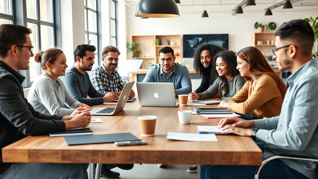Diverse startup team working collaboratively at wooden table with laptops, notebooks, and coffee cups in bright, modern office space