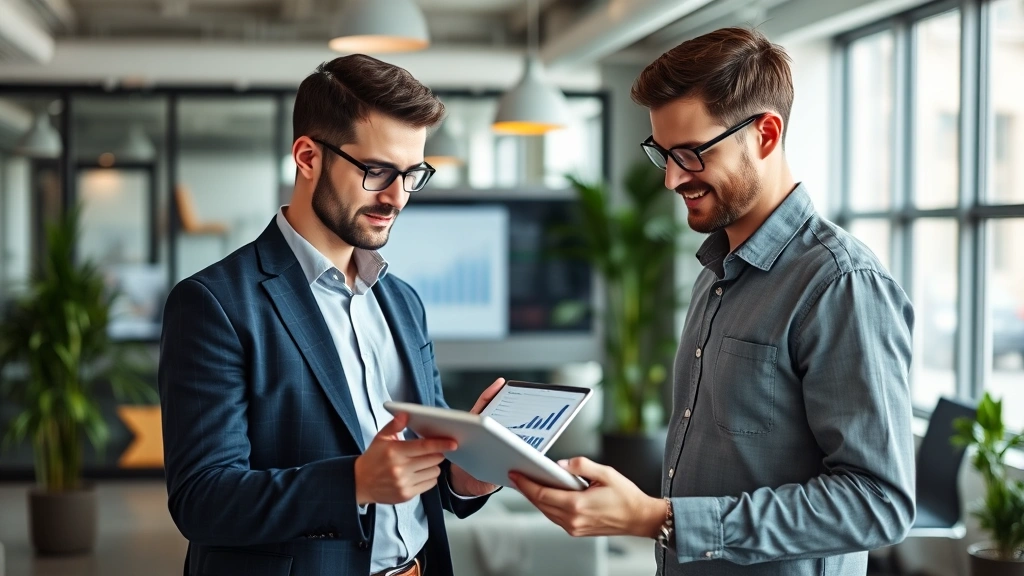 Entrepreneur in business casual attire reviewing financial dashboard and performance metrics on tablet in contemporary startup office