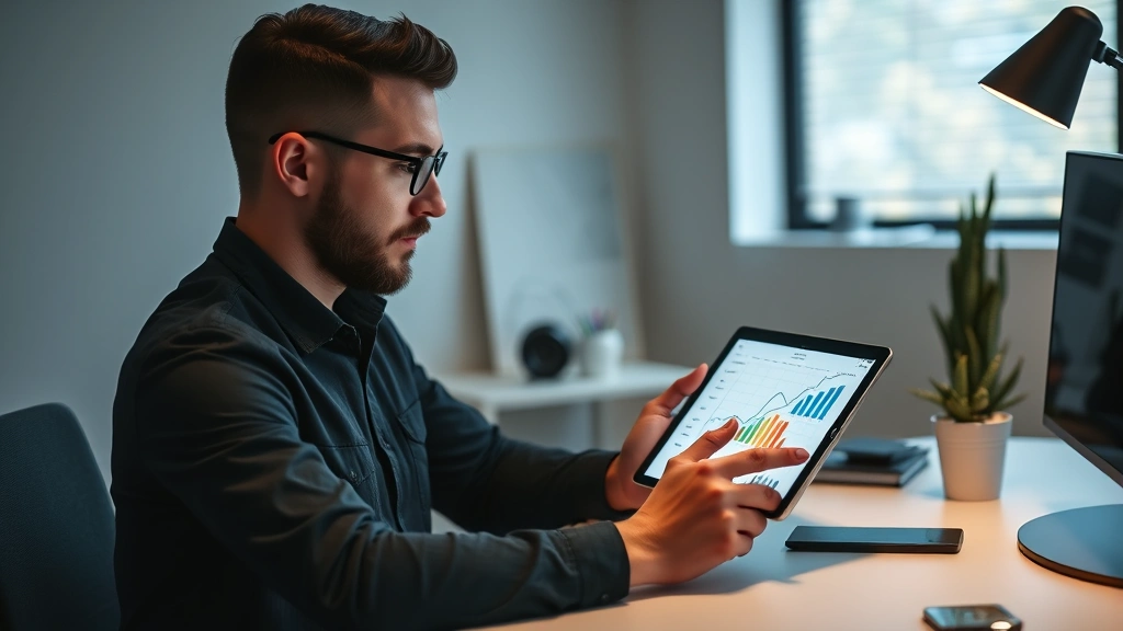 Founder analyzing business growth charts and metrics on digital tablet while sitting at desk in minimalist, professional workspace