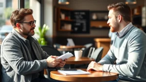 Founder taking notes during customer interview in casual coffee shop setting, focused engaged listening, natural lighting, realistic photography