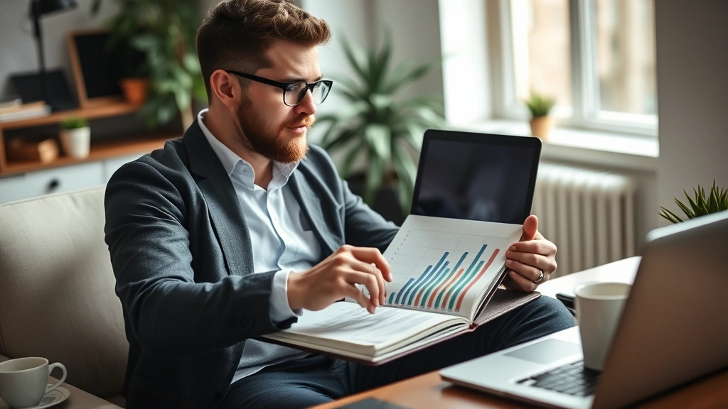 Entrepreneur reviewing growth metrics on notebook with coffee cup nearby, analytical work space, morning startup atmosphere, authentic business moment