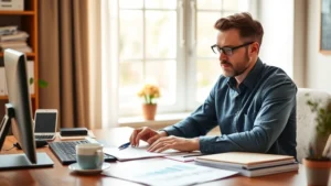 Founder working at a desk with financial spreadsheets and coffee, focused and determined, natural lighting from window, warm professional atmosphere, no visible text on documents