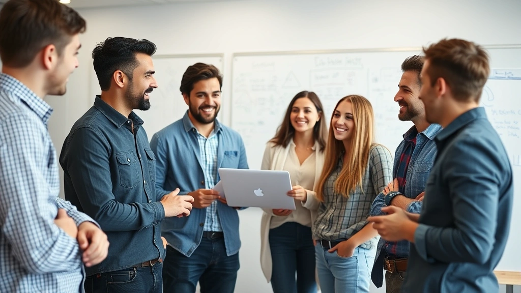 Team of young entrepreneurs in casual meeting, discussing business strategy with whiteboards visible in blurred background, collaborative energy, diverse group, real conversation moment