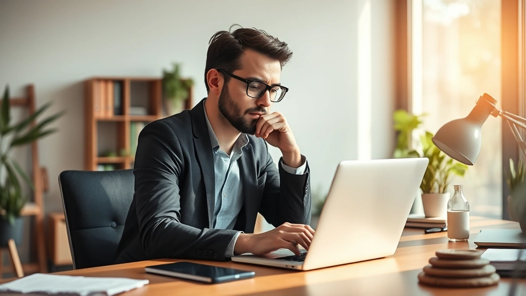 Solo entrepreneur reviewing analytics on laptop in modern office space, thoughtful expression, natural desk setup with minimal clutter, afternoon sunlight, entrepreneurial workspace aesthetic