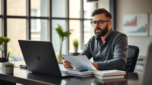 Founder sitting at desk with laptop and notebook, reviewing financial documents and growth charts, focused expression, modern startup office with natural light streaming through windows