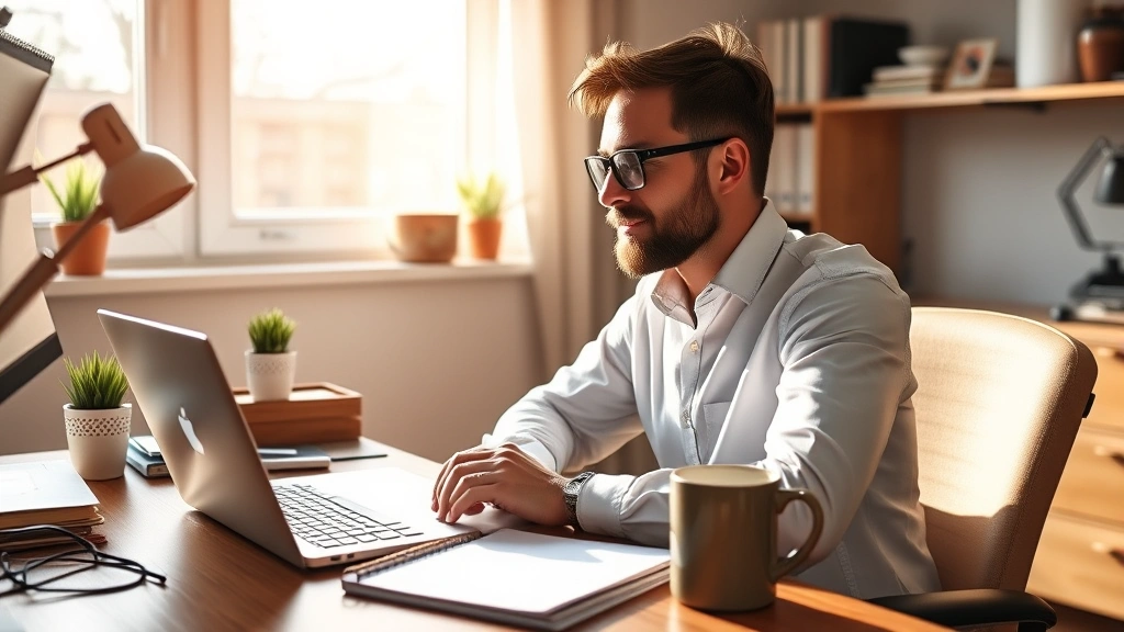 Entrepreneur at desk with laptop and notebook, morning sunlight, focused expression, coffee mug nearby, home office setting