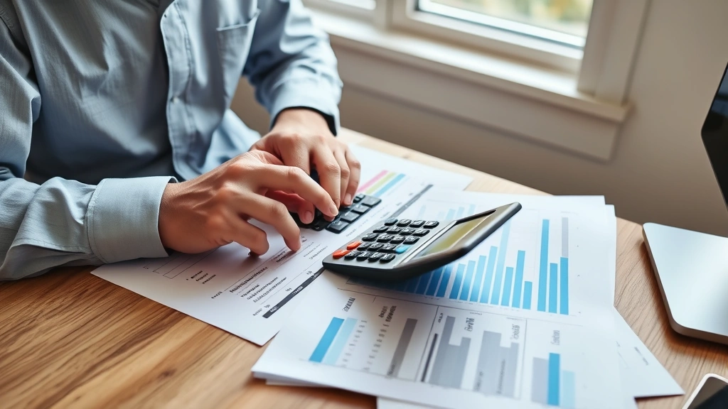 Person reviewing financial documents and spreadsheets, calculator visible, professional casual clothing, natural daylight, real workspace