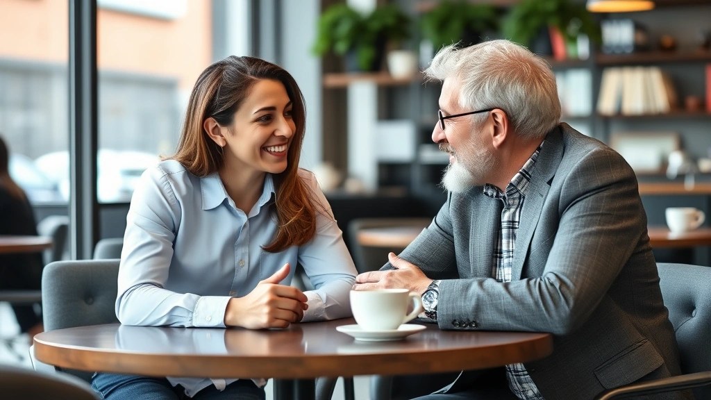 Founder in meeting with mentor or advisor, both engaged in conversation, professional but relaxed atmosphere, coffee shop or office setting