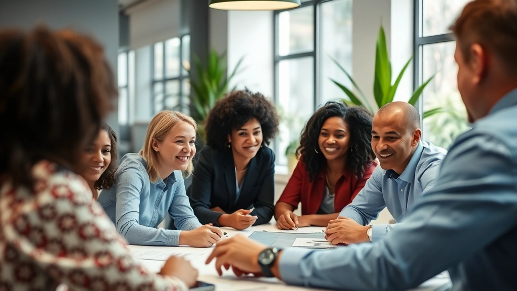 Team members collaborating around a table during a business meeting, diverse group, engaged discussion, natural expressions, bright workspace with plants