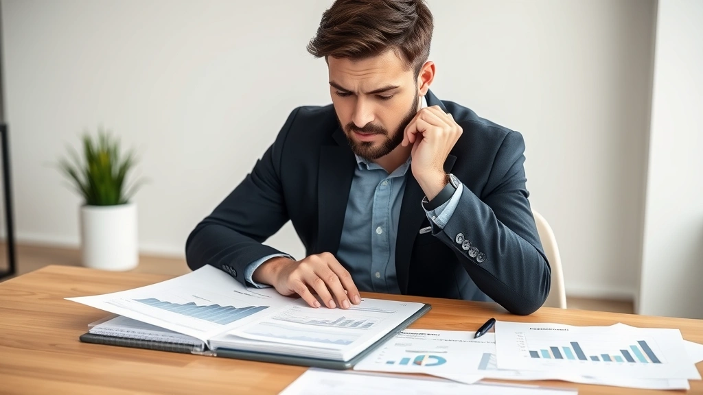 Entrepreneur reviewing growth charts and planning documents, hands on table, thoughtful pose, modern minimalist office, no readable text visible