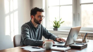 Founder working intently at a desk with laptop and coffee, morning light streaming through window, focused expression, minimalist workspace with notebook and pen