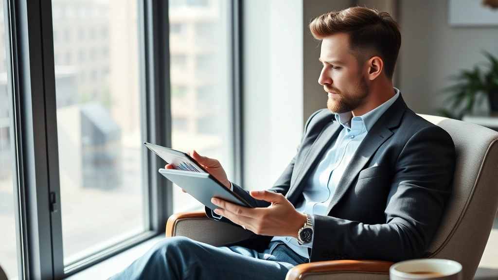 Entrepreneur reviewing business metrics on a tablet, sitting in comfortable chair with coffee, thoughtful expression, natural lighting, professional but relaxed atmosphere