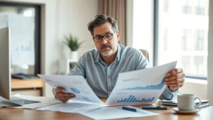 Founder sitting at desk reviewing financial spreadsheets and business metrics on papers, focused expression, natural office lighting, coffee cup nearby, professional but real environment