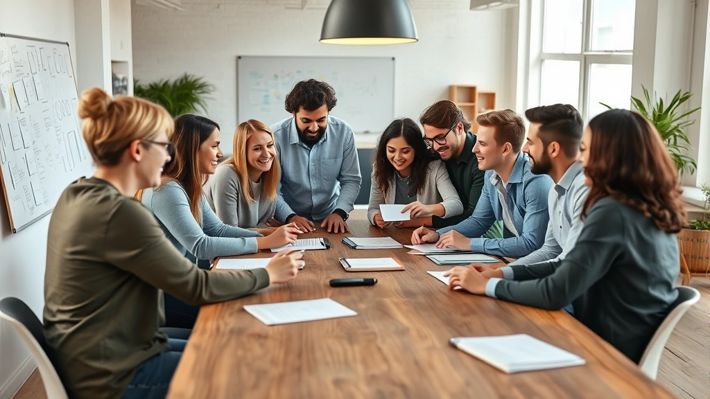 Team of diverse startup employees collaborating around a wooden table, discussing ideas with whiteboards and notebooks visible, genuine engagement and energy, modern startup office space