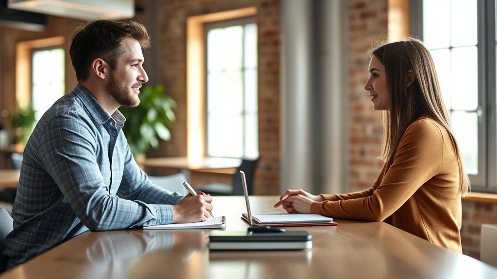 Entrepreneur conducting customer interview across table, taking notes, both people engaged in conversation, casual professional setting, natural lighting from windows, authentic interaction