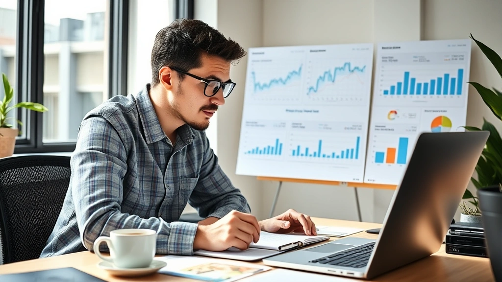Founder reviewing financial dashboards and metrics on desk with coffee, focused and analytical expression, natural office lighting
