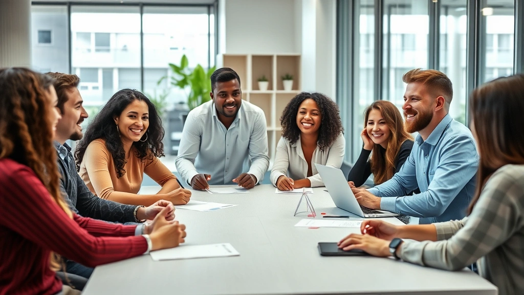 Team of diverse professionals in collaborative discussion around conference table, engaged and smiling, modern startup office environment