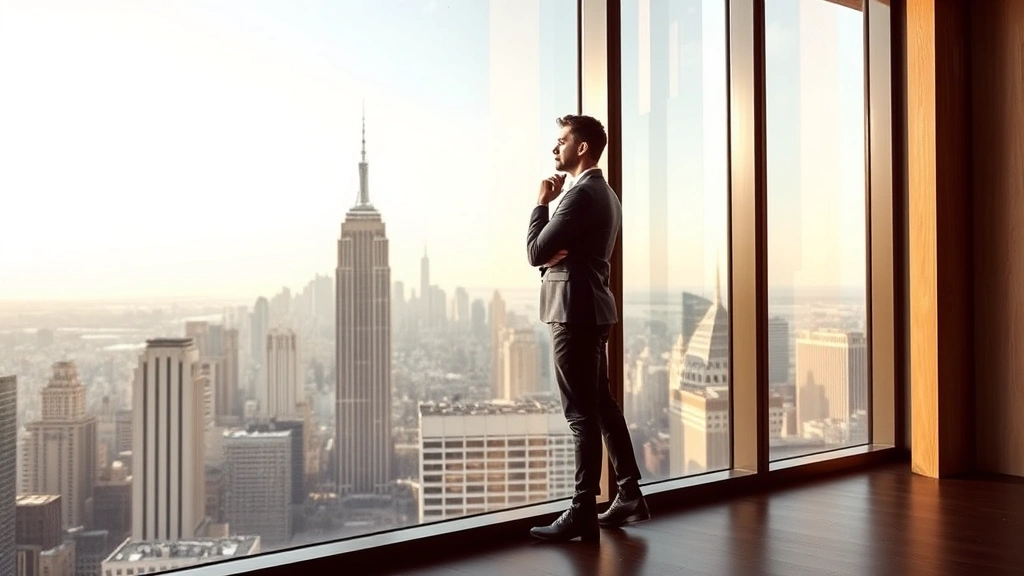 Entrepreneur standing at window overlooking city skyline, thoughtful pose, contemplating strategy and long-term vision, professional attire