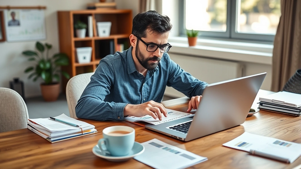 Founder reviewing cash flow spreadsheet on laptop at wooden desk with coffee cup, focused and determined expression, natural office lighting, financial documents nearby