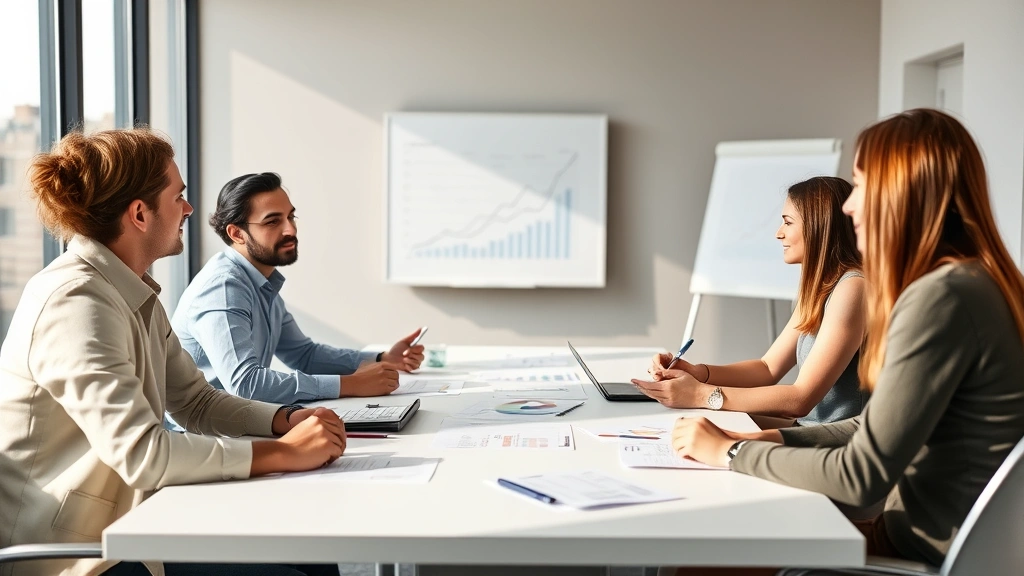 Team meeting around conference table discussing business metrics and growth strategy, diverse group, professional casual attire, morning light through windows, whiteboard with charts blurred in background