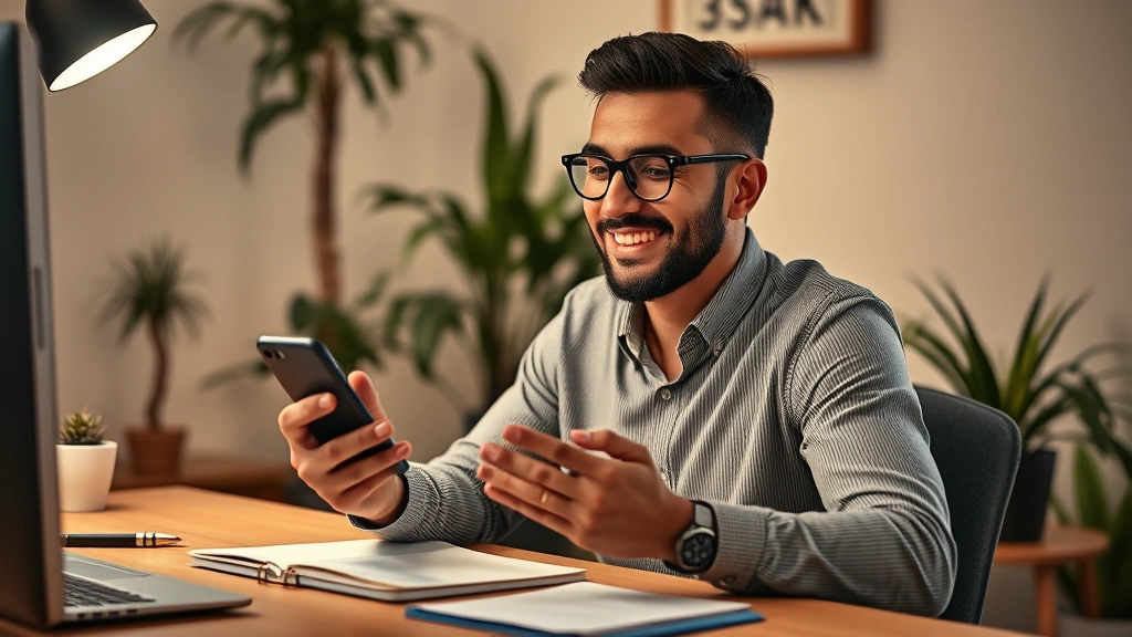 Solo entrepreneur checking phone for payment notification with relieved expression, sitting at home office desk with notebook, plants in background, warm ambient lighting