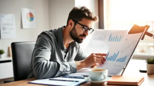 Founder analyzing financial charts and metrics on a desk with coffee, natural lighting, focused expression, modern workspace with minimal setup