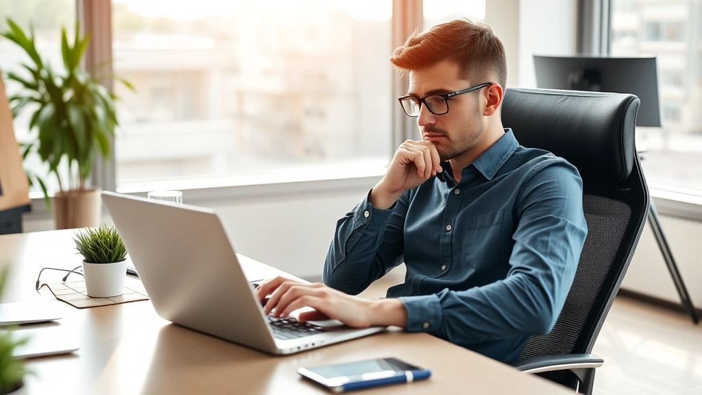 Entrepreneur reviewing customer data and business dashboard on laptop, contemplative pose, modern desk setup, morning light, casual but professional attire