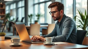 Founder working late at desk with laptop and coffee, focused and determined expression, modern startup office with natural lighting, photorealistic