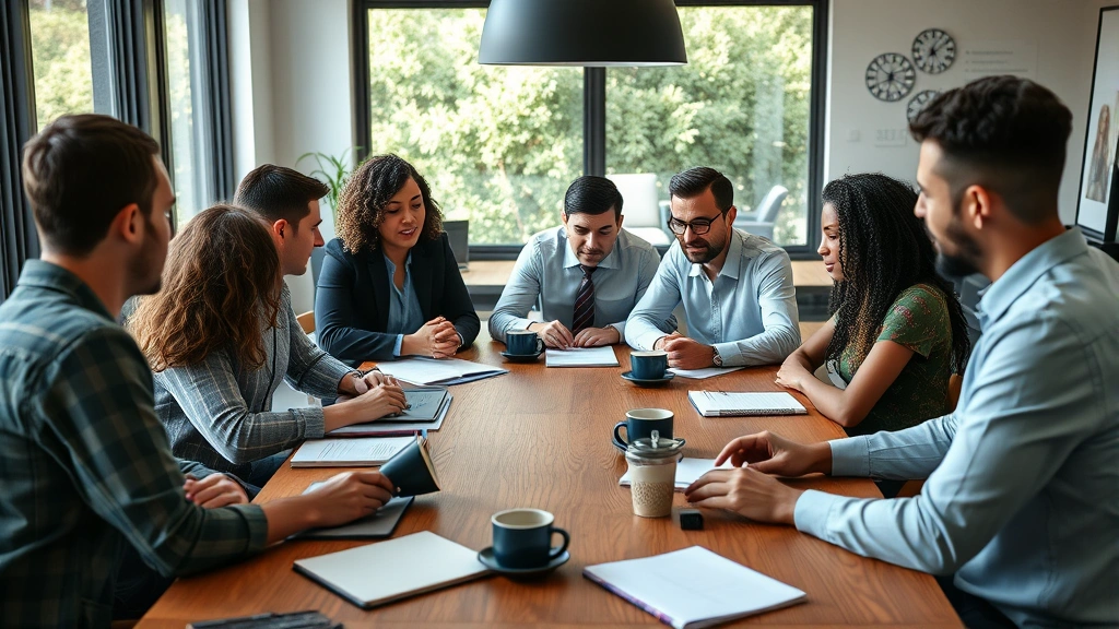 Team collaborating around a wooden table with notebooks and coffee cups, diverse group problem-solving together, bright workspace, photorealistic