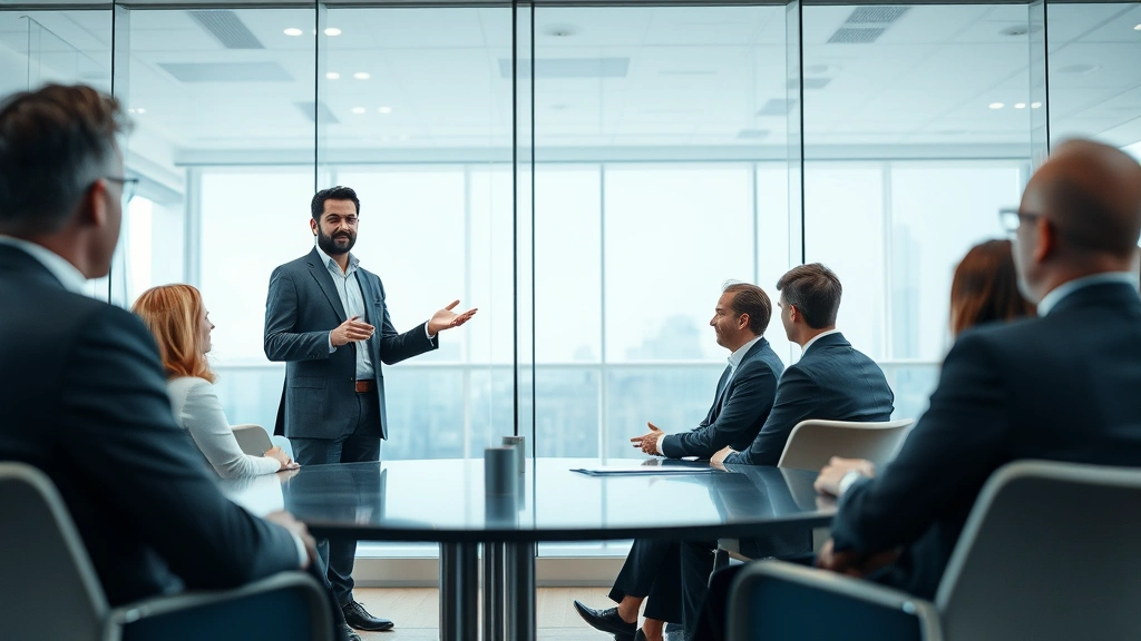 Entrepreneur presenting to investors in conference room, professional attire, engaged audience, modern business setting with glass walls, photorealistic