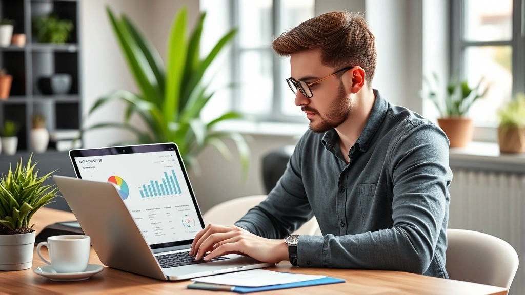 Founder reviewing analytics dashboard on a laptop with coffee nearby, focused expression, modern workspace with plants and minimal clutter in background