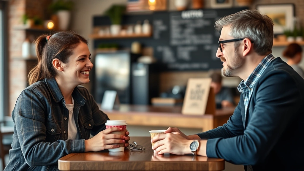 Small business owner meeting with a customer in a casual coffee shop setting, both smiling and engaged in conversation, authentic human connection moment