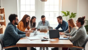 Diverse team of founders and early employees sitting around a wooden table in a bright startup office, reviewing financial documents and laptops together, collaborative energy, natural window light