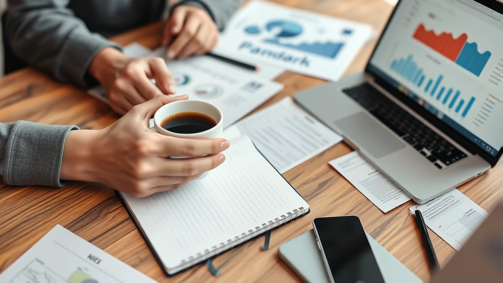 Close-up of hands working on a wooden desk with coffee cup, notebook, and laptop showing growth charts, founder actively planning business strategy with papers scattered around