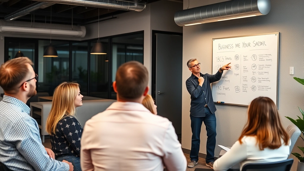 Founder presenting to a small group of team members in a modern office space, pointing at wall-mounted whiteboard with business metrics and goals, engaged audience listening attentively