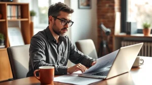 Founder working at a desk with financial documents and laptop, focused expression, natural office lighting, coffee cup nearby, mid-morning atmosphere
