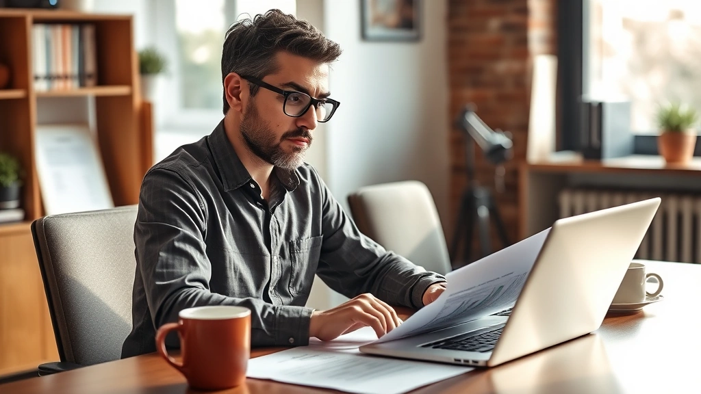 Founder working at a desk with financial documents and laptop, focused expression, natural office lighting, coffee cup nearby, mid-morning atmosphere
