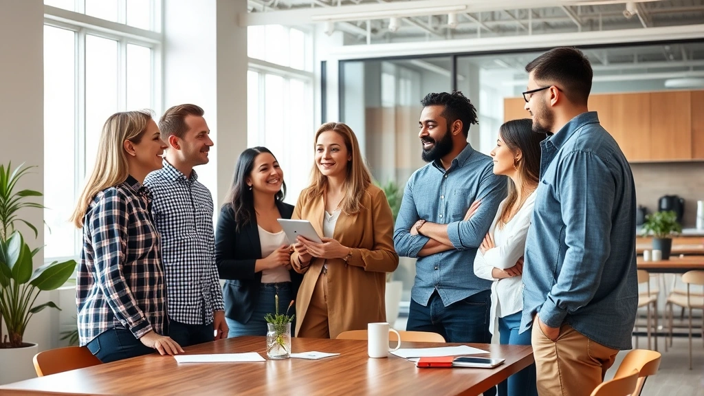Diverse team in a casual meeting having a discussion, standing around a table, genuine engagement and collaboration, modern office space with natural light