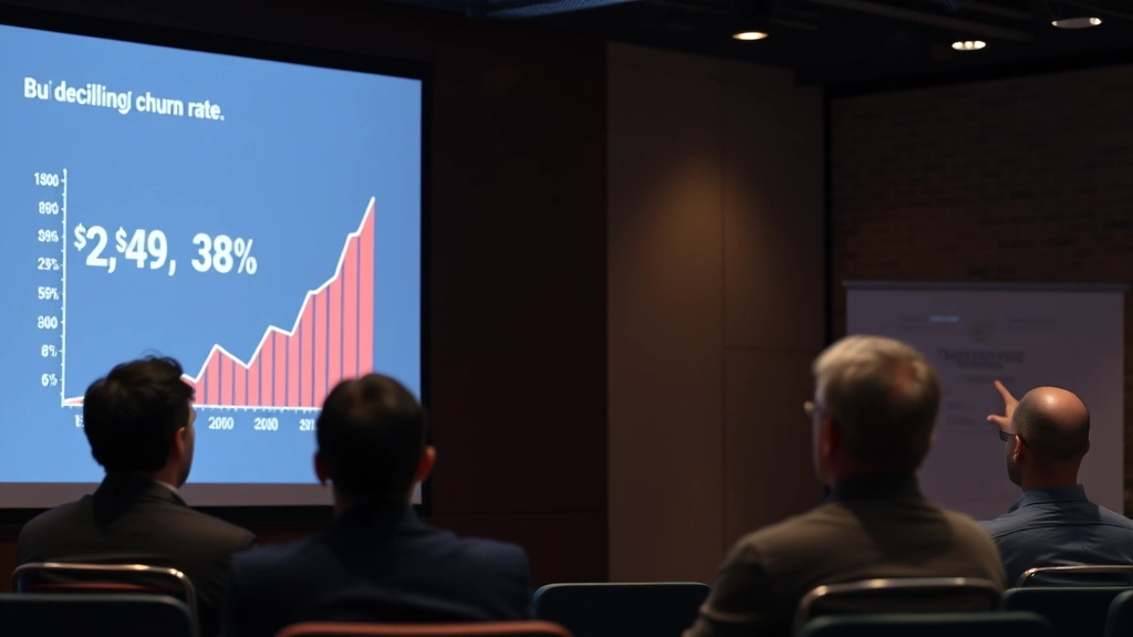 Graph showing upward trending revenue curve with declining churn rate, entrepreneur pointing to metrics on a screen during a presentation to investors