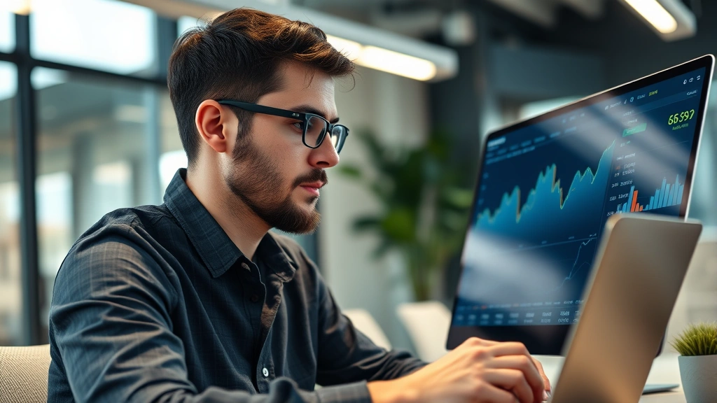 Close-up of founder reviewing financial dashboard on laptop screen in modern startup office, focused expression, natural lighting, professional casual attire