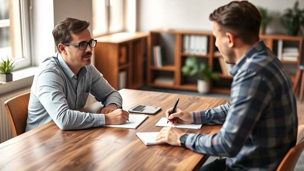 Founder conducting serious customer interview across wooden table, taking notes, natural office lighting, candid moment of active listening